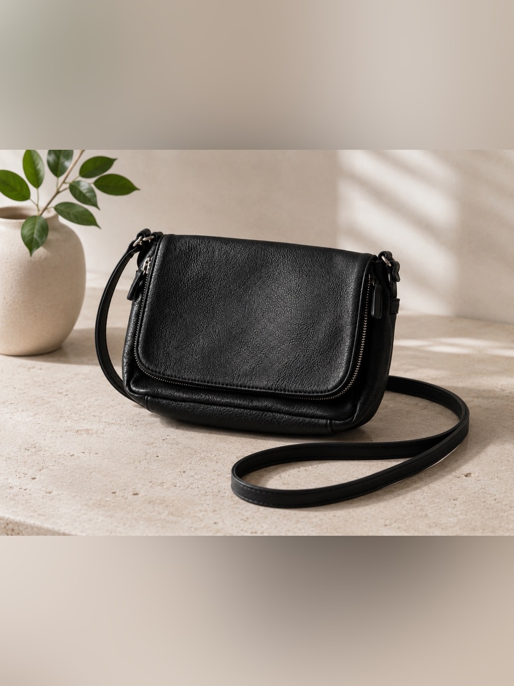 Margot Black Pebble Leather Foldover Crossbody Bag
